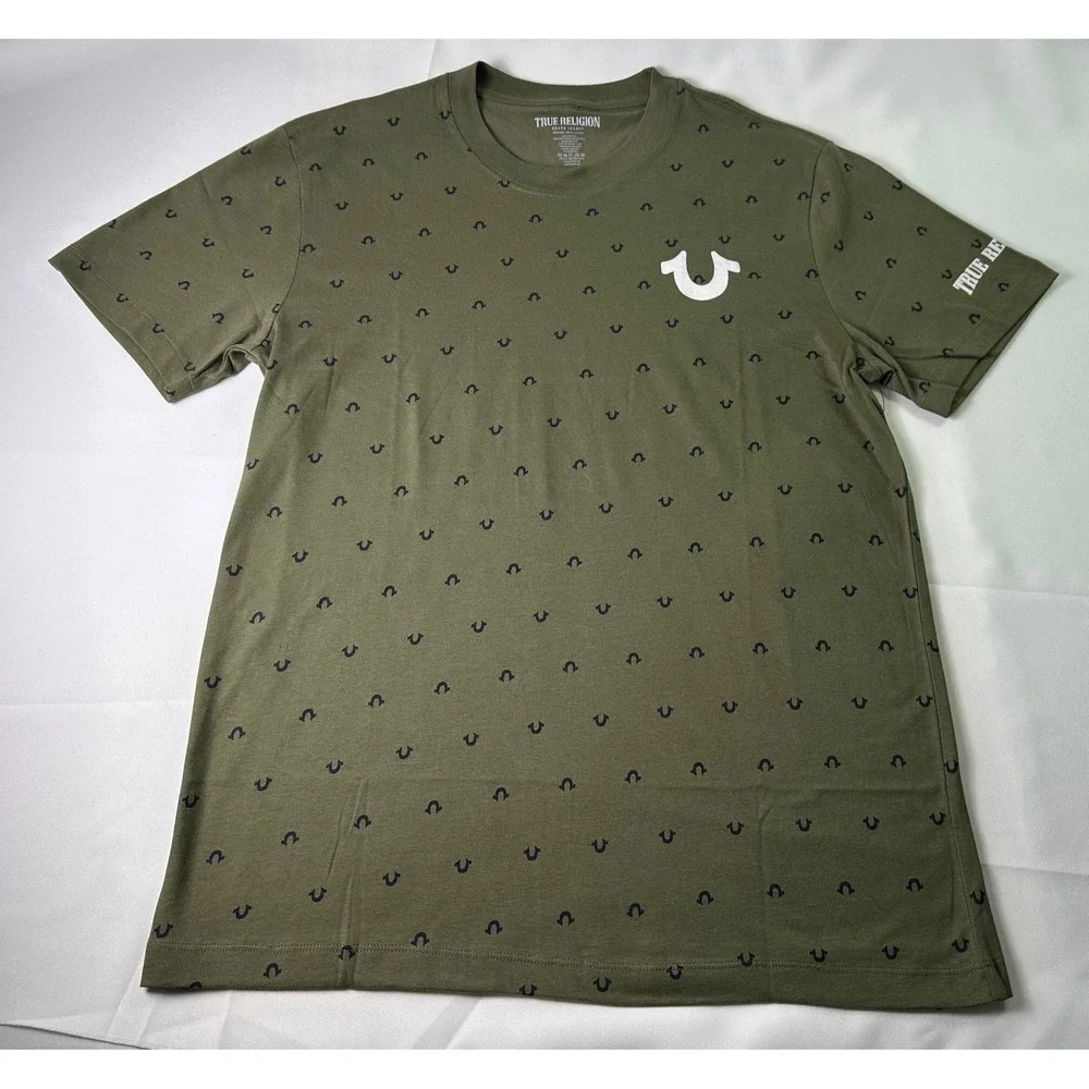 True Religion Men's Olive Green Mini Horseshoe Logo AOP Med Short Sleeve T-Shirt
